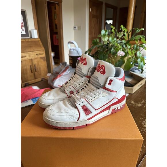 Louis Vuitton LV TRAINER SNEAKER MID TOP W/BOX Men’s UK size 8 Red White RARE! - Picture 1 of 12